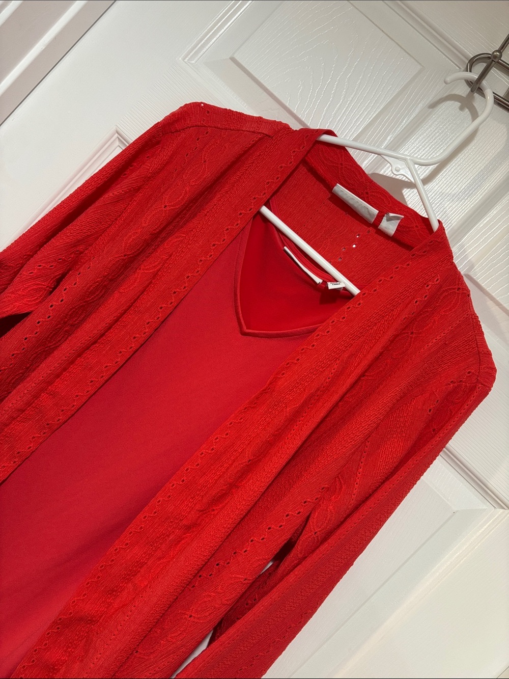 SUSAN GRAVER 2-Piece Coral-Red Open Eyelet Cardigan and V-Neck Tank Top Set